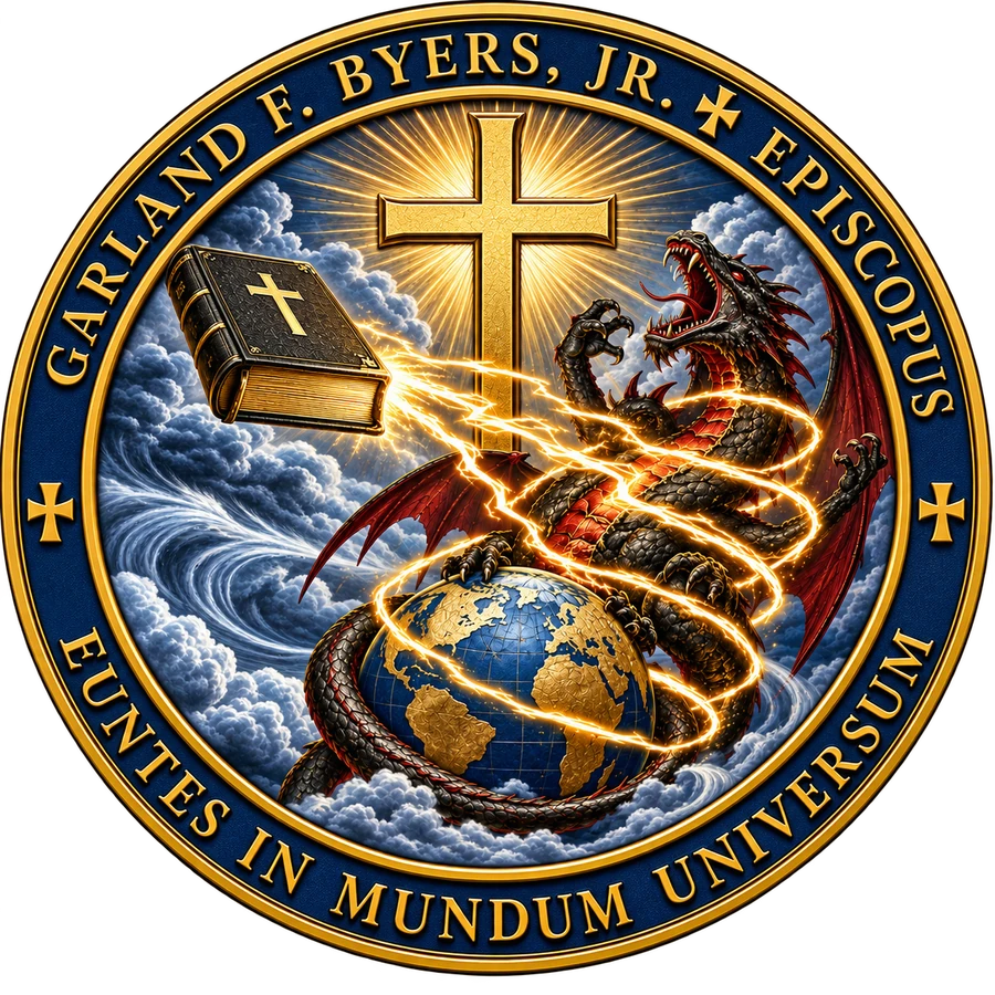 Sello episcopal de Garland F. Byers, Jr.: una cruz de oro que irradia luz; la Santa Biblia, de la que salen relámpagos que se enroscan en torno a un dragón enroscado alrededor del globo; nubes de tormenta y aguas embravecidas; un campo azul dentro de una orla de oro que lleva la inscripción Garland F. Byers, Jr., Episcopus, y el lema Euntes in Mundum Universum