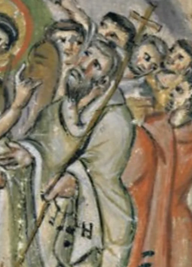 St. Petrus mit seinem Kreuzstab, aus der Himmelfahrtsminiatur des Rabbula-Evangeliars, syrisch, 586 n. Chr.
